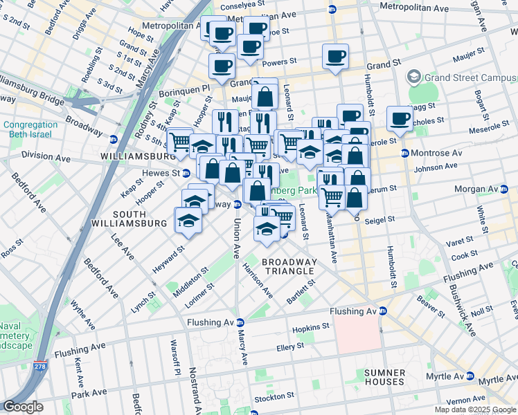 map of restaurants, bars, coffee shops, grocery stores, and more near 25 Boerum Street in Brooklyn