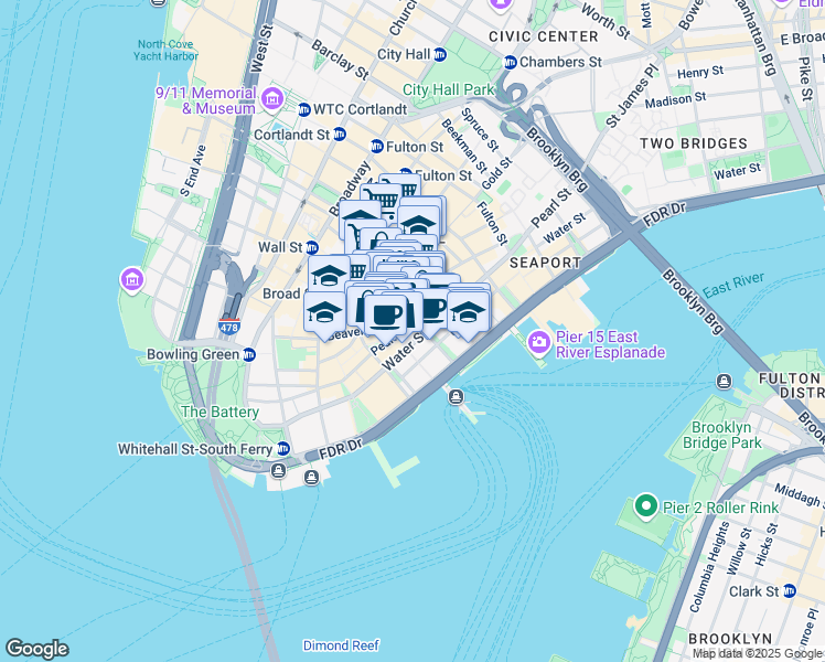 map of restaurants, bars, coffee shops, grocery stores, and more near 74 Wall Street in New York