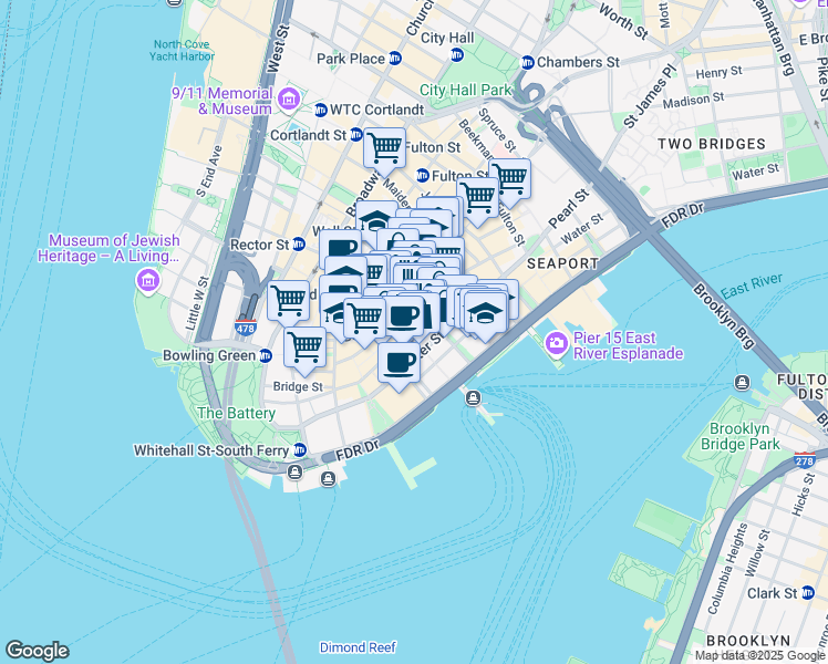 map of restaurants, bars, coffee shops, grocery stores, and more near 74 Wall Street in New York