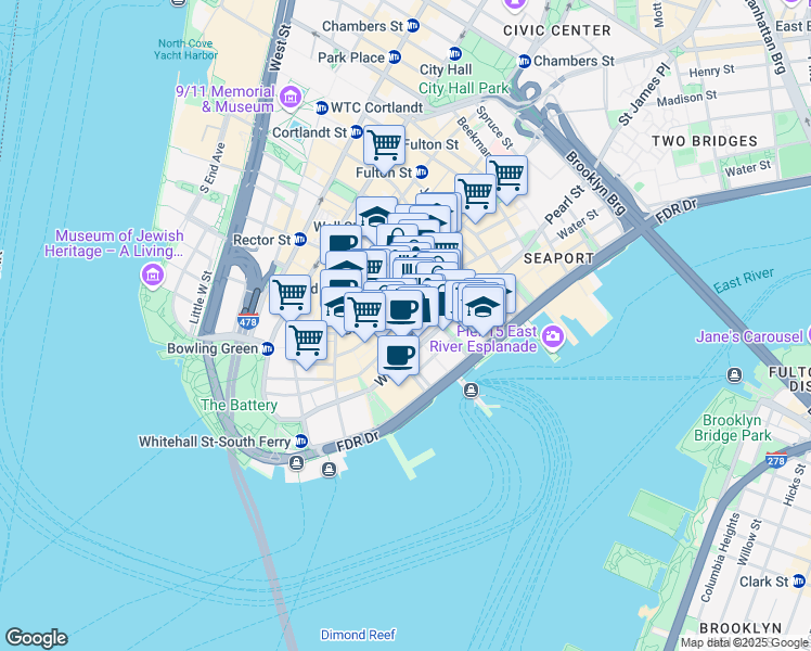 map of restaurants, bars, coffee shops, grocery stores, and more near 74 Wall Street in New York