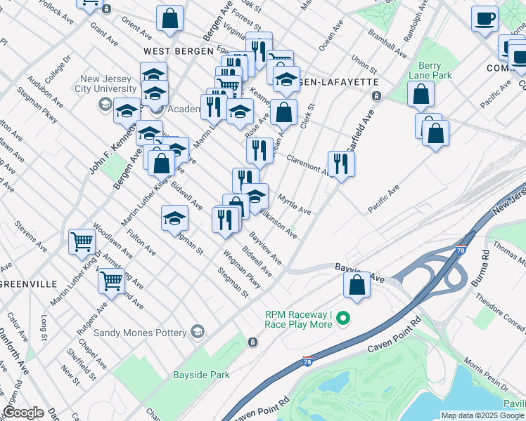 map of restaurants, bars, coffee shops, grocery stores, and more near 44 Clerk Street in Jersey City