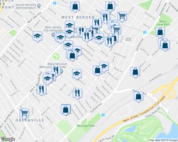 map of restaurants, bars, coffee shops, grocery stores, and more near 114A Bayview Avenue in Jersey City