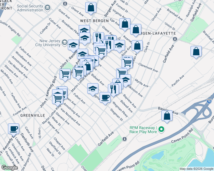 map of restaurants, bars, coffee shops, grocery stores, and more near 142 Bidwell Avenue in Jersey City