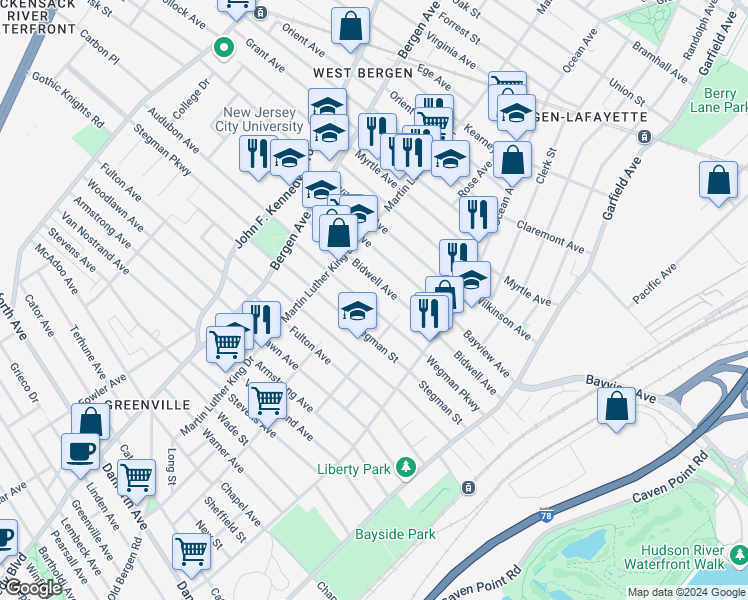 map of restaurants, bars, coffee shops, grocery stores, and more near 142 Bidwell Avenue in Jersey City