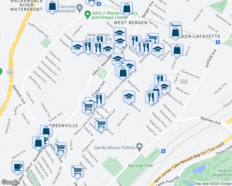 map of restaurants, bars, coffee shops, grocery stores, and more near 158 Martin Luther King Drive in Jersey City