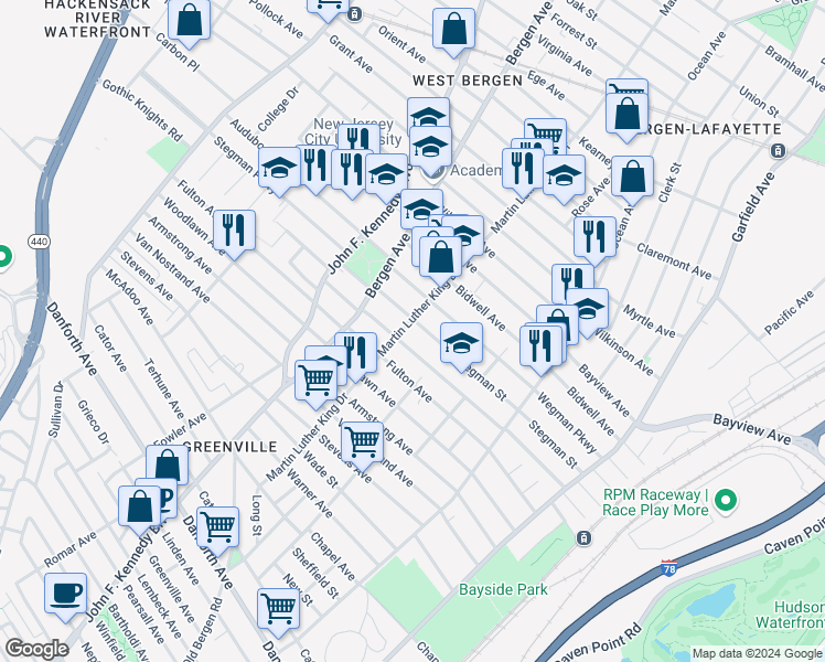 map of restaurants, bars, coffee shops, grocery stores, and more near 168-172 Martin Luther King Drive in Jersey City