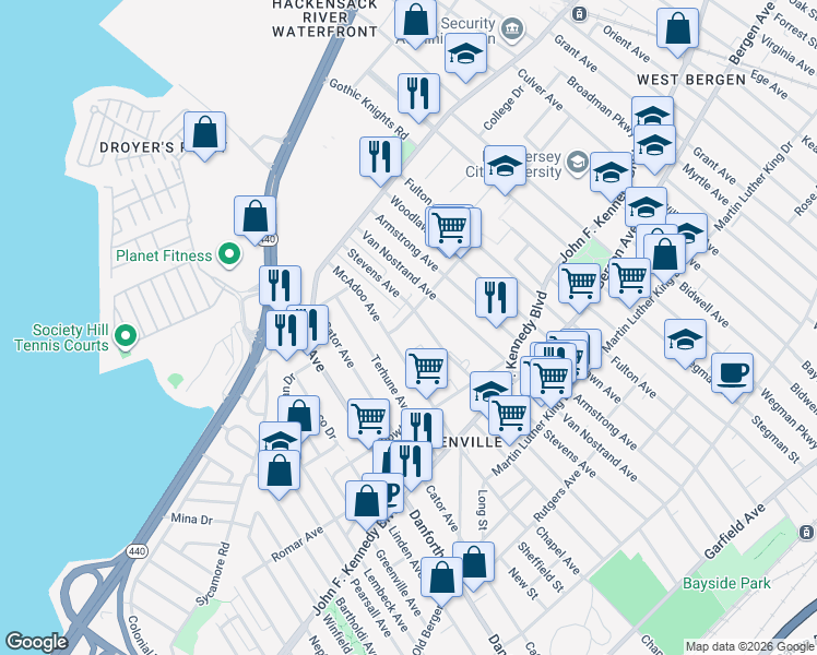 map of restaurants, bars, coffee shops, grocery stores, and more near 86 Sterling Avenue in Jersey City