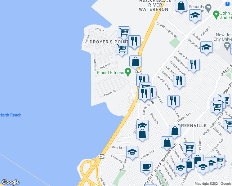 map of restaurants, bars, coffee shops, grocery stores, and more near 24 Holly Street in Jersey City