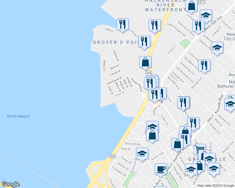 map of restaurants, bars, coffee shops, grocery stores, and more near 5 Dogwood Street in Jersey City