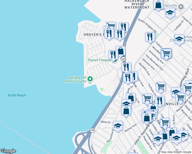 map of restaurants, bars, coffee shops, grocery stores, and more near 5 Dogwood Street in Jersey City