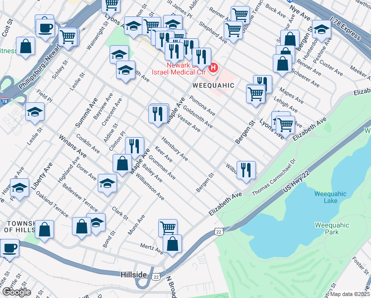 map of restaurants, bars, coffee shops, grocery stores, and more near 148 Chancellor Avenue in Newark