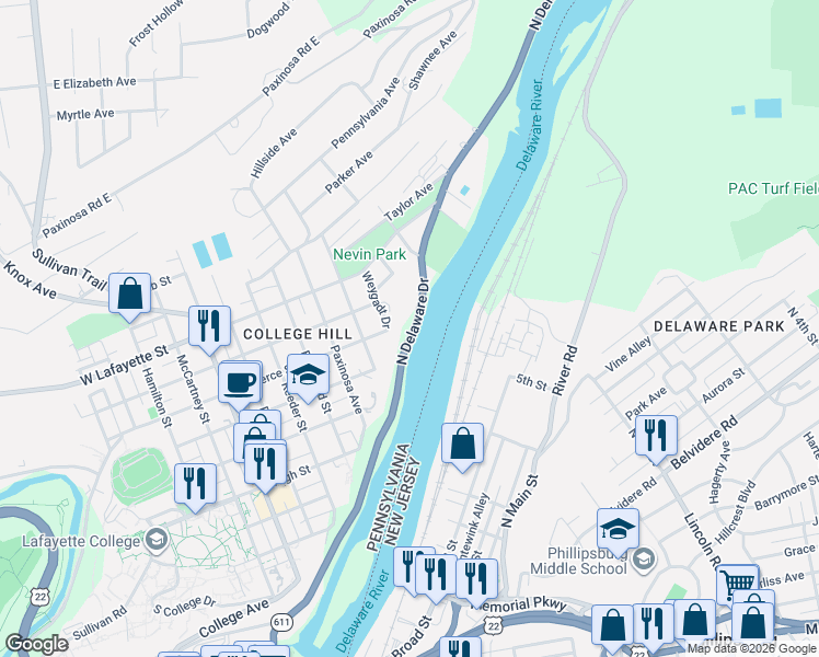 map of restaurants, bars, coffee shops, grocery stores, and more near 526 North Delaware Drive in Easton