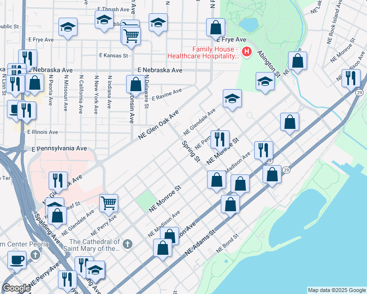 map of restaurants, bars, coffee shops, grocery stores, and more near 721 Spring Street in Peoria