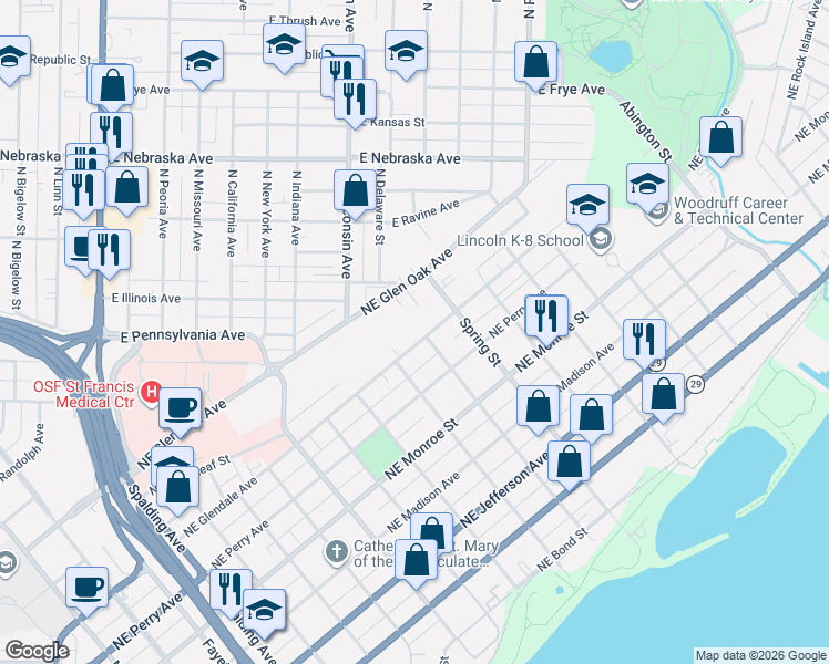 map of restaurants, bars, coffee shops, grocery stores, and more near 1121 Northeast Glendale Avenue in Peoria