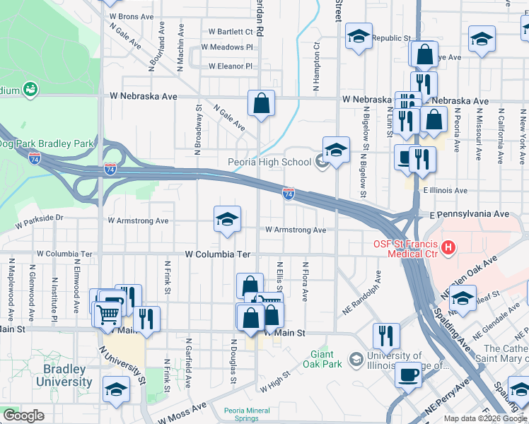 map of restaurants, bars, coffee shops, grocery stores, and more near 1421 North Ellis Street in Peoria