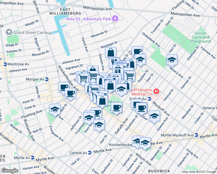 map of restaurants, bars, coffee shops, grocery stores, and more near 362 Jefferson Street in Brooklyn