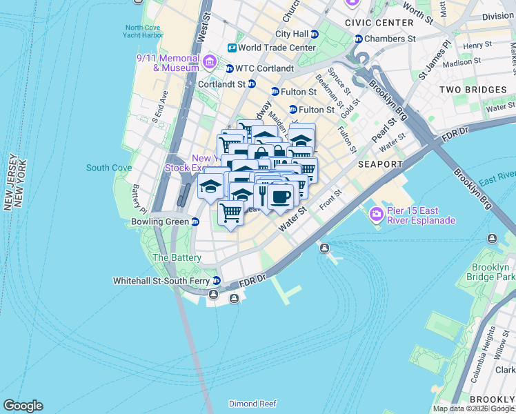 map of restaurants, bars, coffee shops, grocery stores, and more near 5 Hanover Square in New York