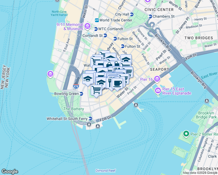 map of restaurants, bars, coffee shops, grocery stores, and more near 5 Hanover Square in New York