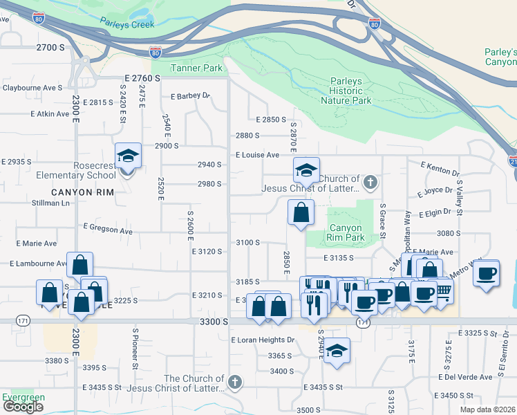 map of restaurants, bars, coffee shops, grocery stores, and more near 2784 East 3000 South in Salt Lake City