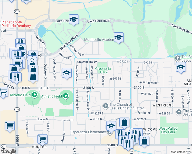 map of restaurants, bars, coffee shops, grocery stores, and more near 5021 West 3000 South in West Valley City