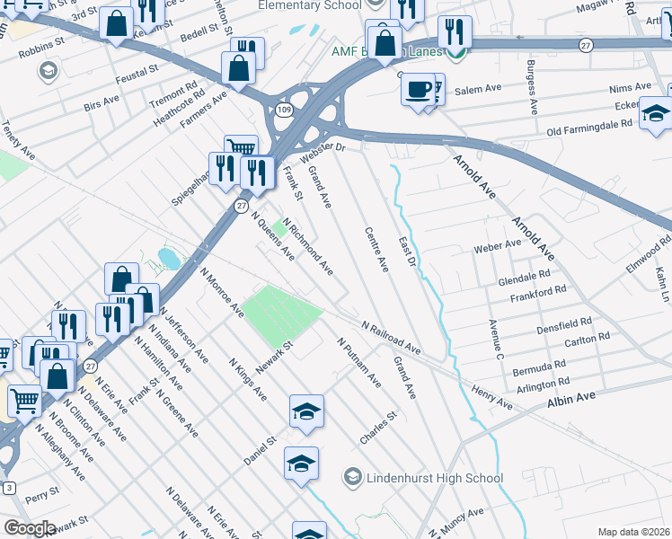 map of restaurants, bars, coffee shops, grocery stores, and more near 674 North Richmond Avenue in Lindenhurst