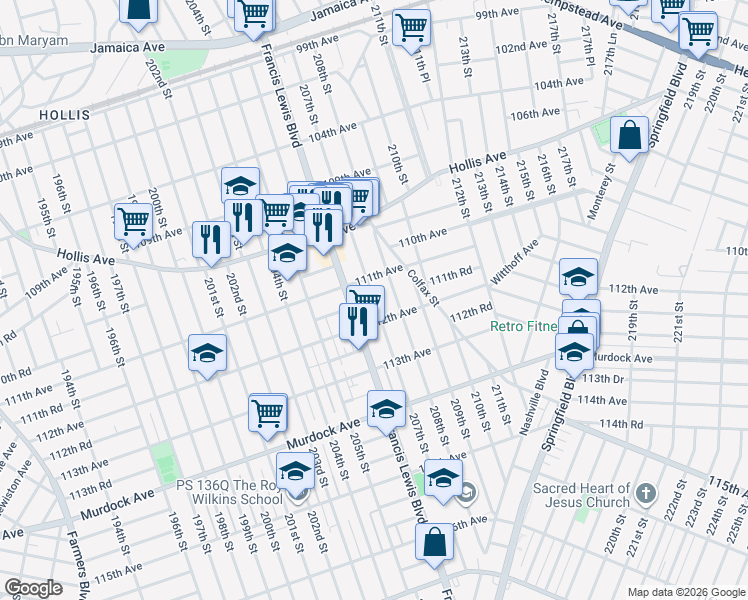 map of restaurants, bars, coffee shops, grocery stores, and more near 111-15 207th Street in Queens