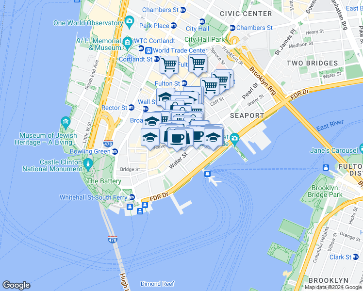 map of restaurants, bars, coffee shops, grocery stores, and more near 67 Wall Street in New York