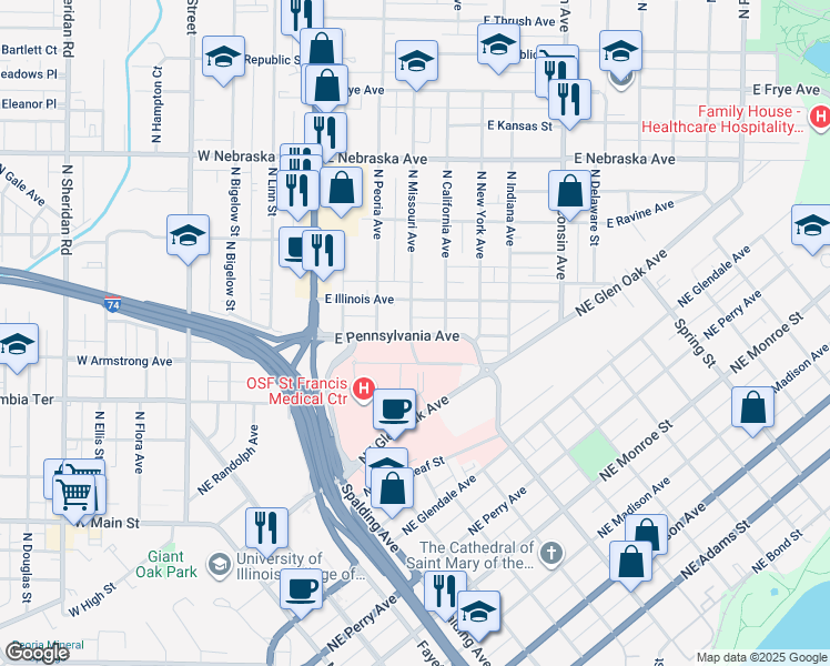 map of restaurants, bars, coffee shops, grocery stores, and more near 1599 North Missouri Avenue in Peoria
