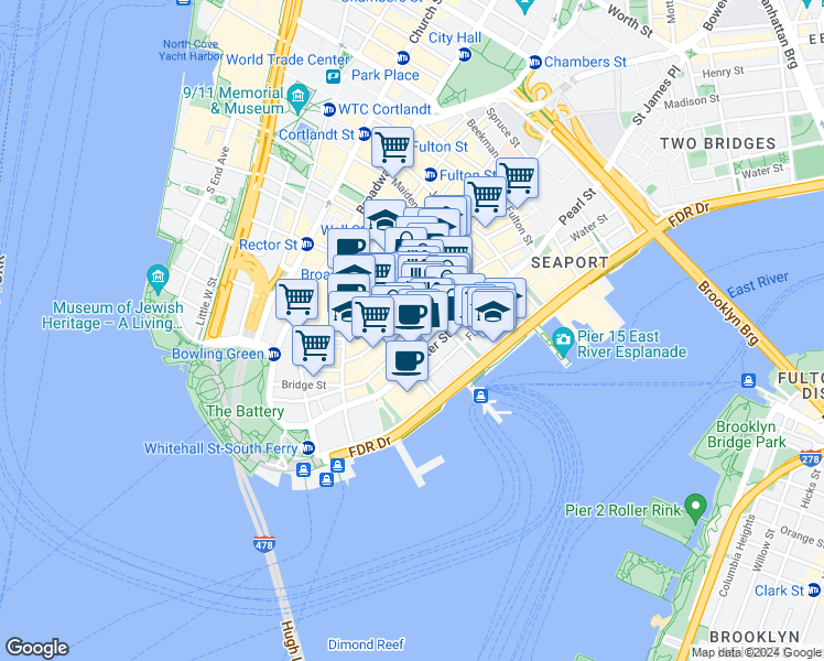 map of restaurants, bars, coffee shops, grocery stores, and more near 76 Beaver Street in New York