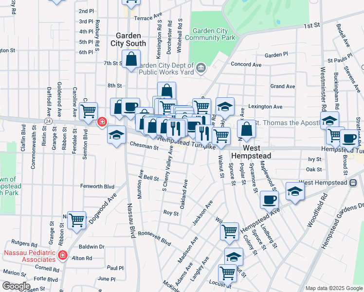 map of restaurants, bars, coffee shops, grocery stores, and more near 449 Hempstead Turnpike in West Hempstead