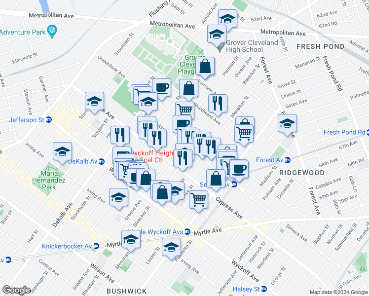 map of restaurants, bars, coffee shops, grocery stores, and more near 504 Seneca Avenue in Queens