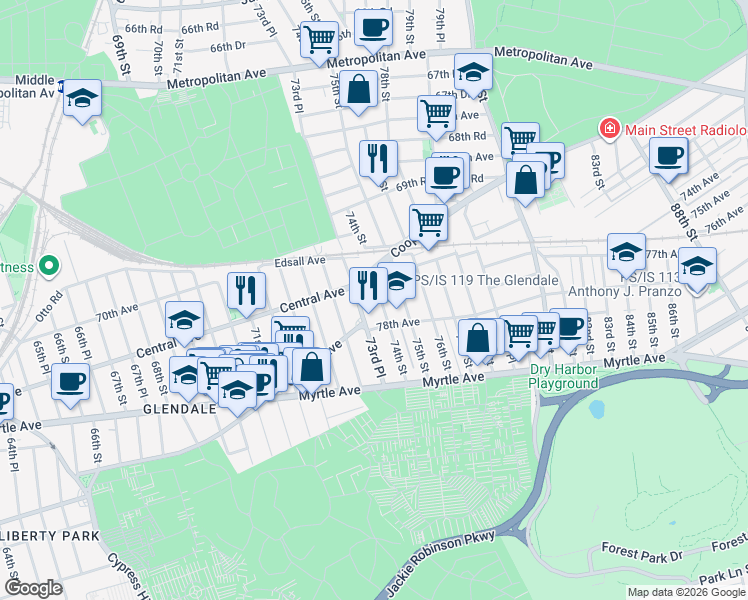 map of restaurants, bars, coffee shops, grocery stores, and more near 77-32 74th Street in Queens