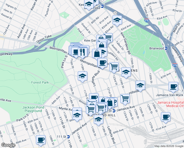 map of restaurants, bars, coffee shops, grocery stores, and more near 83-44 Lefferts Boulevard in Queens