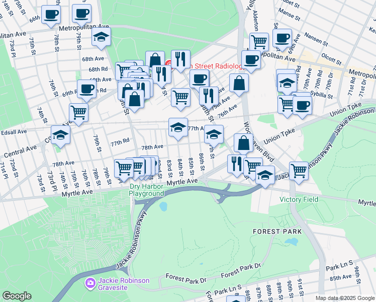 map of restaurants, bars, coffee shops, grocery stores, and more near 78-06 85th Street in Queens