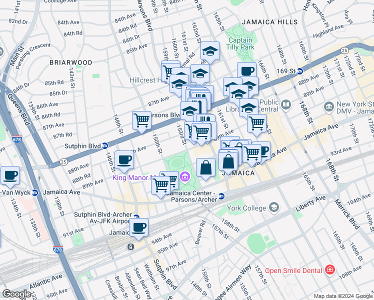 map of restaurants, bars, coffee shops, grocery stores, and more near 165-15 89th Avenue in Queens