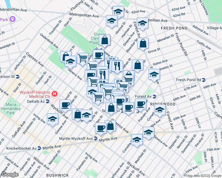 map of restaurants, bars, coffee shops, grocery stores, and more near in Queens