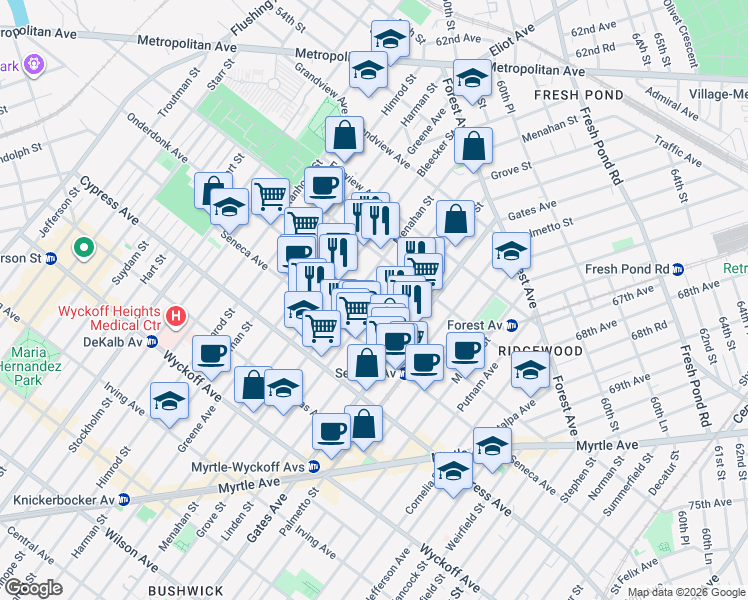 map of restaurants, bars, coffee shops, grocery stores, and more near 589 Onderdonk Avenue in Queens