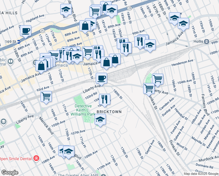 map of restaurants, bars, coffee shops, grocery stores, and more near 178--20 Liberty Avenue in Queens