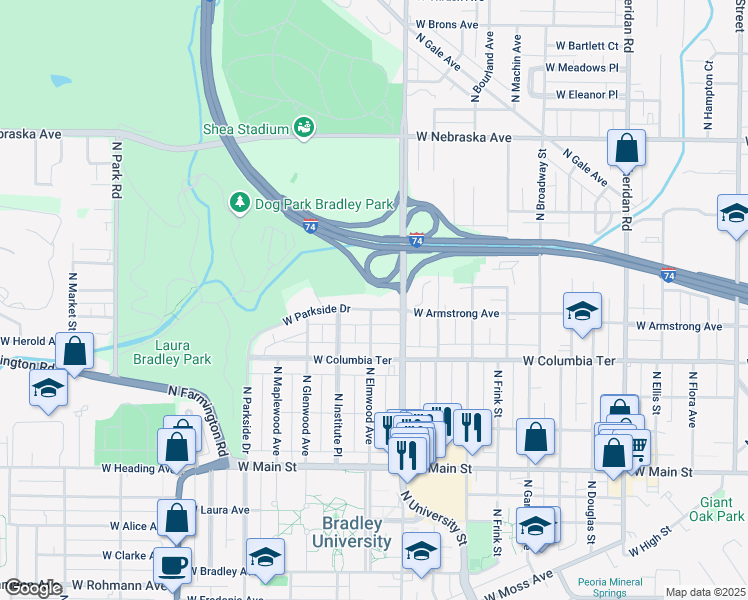 map of restaurants, bars, coffee shops, grocery stores, and more near 1321 West Parkside Drive in Peoria