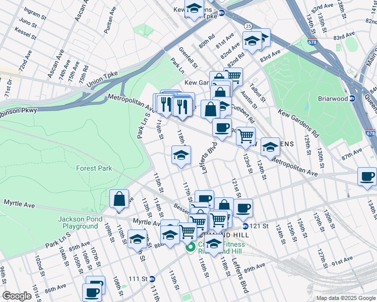 map of restaurants, bars, coffee shops, grocery stores, and more near 83-60 118th Street in Queens