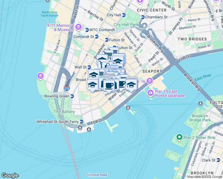 map of restaurants, bars, coffee shops, grocery stores, and more near 1 Wall Street in New York