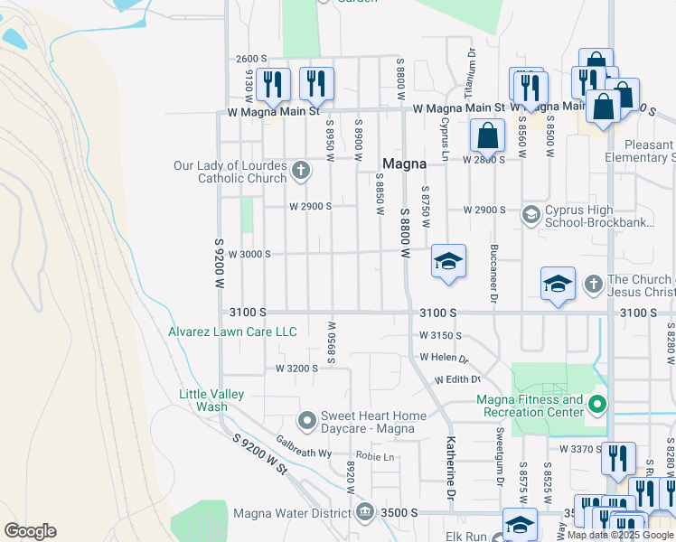 map of restaurants, bars, coffee shops, grocery stores, and more near 3033 South 8950 West in Magna