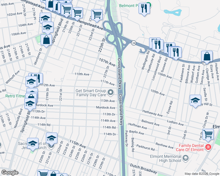 map of restaurants, bars, coffee shops, grocery stores, and more near 227-15 112th Avenue in Queens