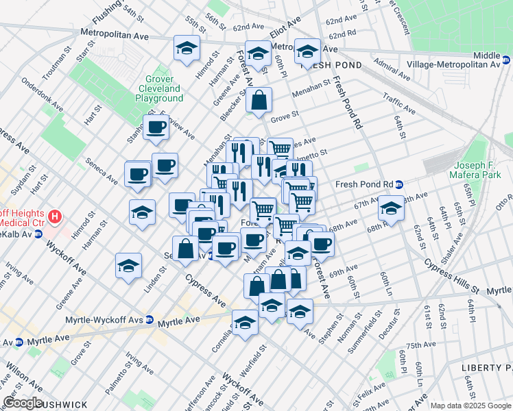 map of restaurants, bars, coffee shops, grocery stores, and more near 19-23 Palmetto Street in Queens