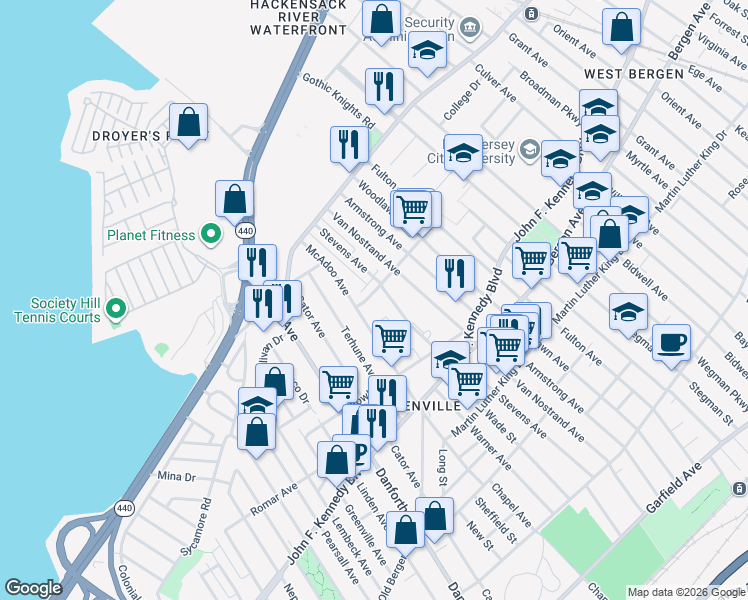 map of restaurants, bars, coffee shops, grocery stores, and more near 86 Sterling Avenue in Jersey City