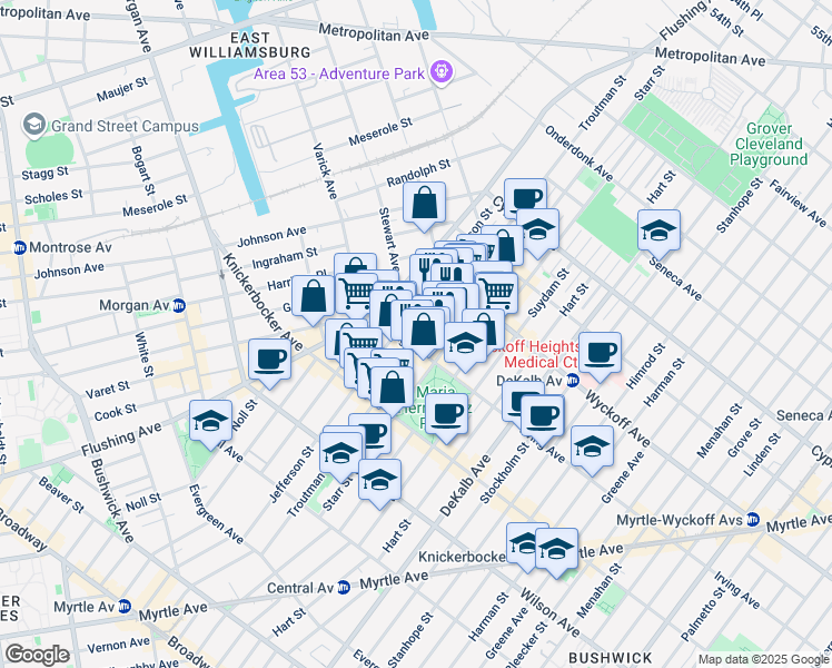 map of restaurants, bars, coffee shops, grocery stores, and more near 362 Jefferson Street in Brooklyn