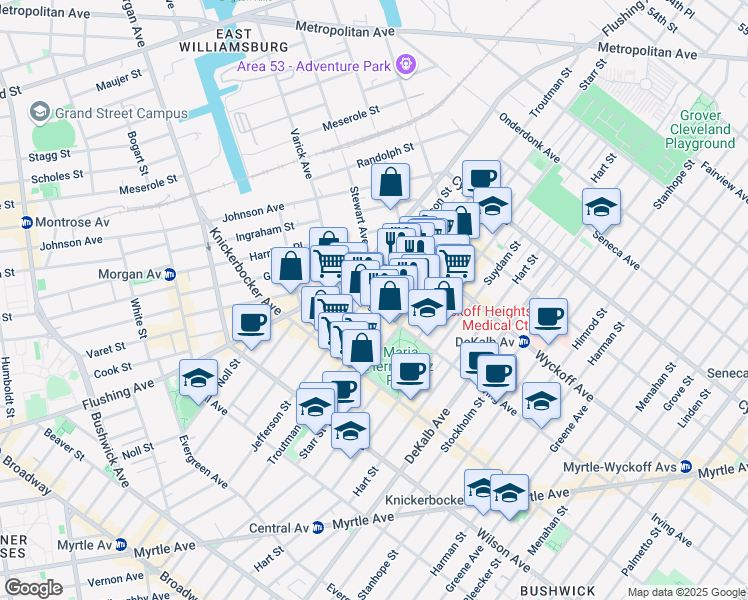 map of restaurants, bars, coffee shops, grocery stores, and more near 362 Jefferson Street in Brooklyn