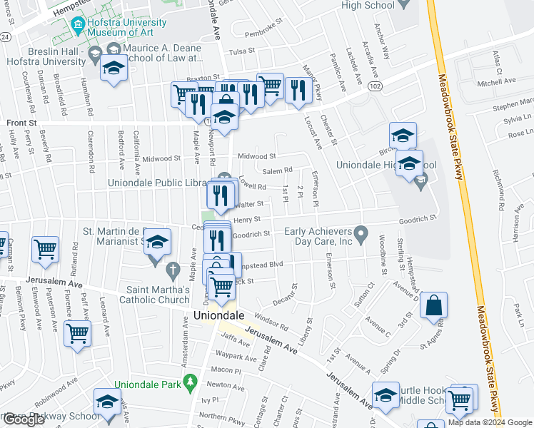 map of restaurants, bars, coffee shops, grocery stores, and more near 727 Henry Street in Uniondale