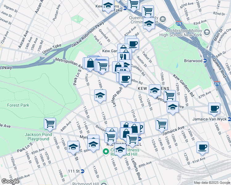 map of restaurants, bars, coffee shops, grocery stores, and more near 83-44 Lefferts Boulevard in Queens