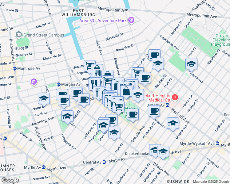 map of restaurants, bars, coffee shops, grocery stores, and more near 14 Irving Avenue in Brooklyn